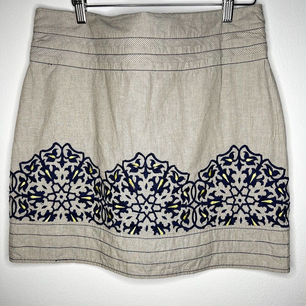Floreat Skirt Mini 10 Navy Embroidery Striped Pleated Cotton Linen Boho Cottage